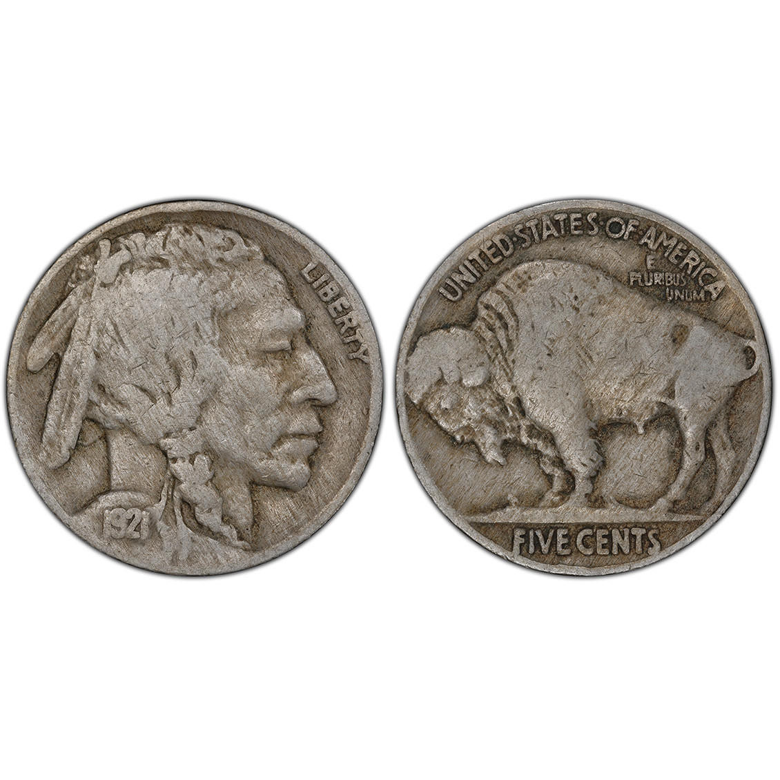 1921 Buffalo Nickel obverse and reverse showing Native American portrait and American bison design