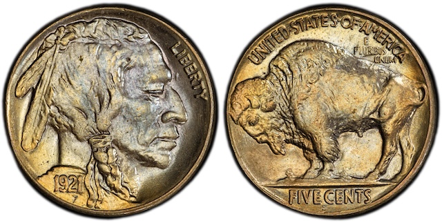 Side-by-side comparison of normal 1921 Buffalo Nickel three feathers versus Two Feathers FS-401 variety with missing innermost feather