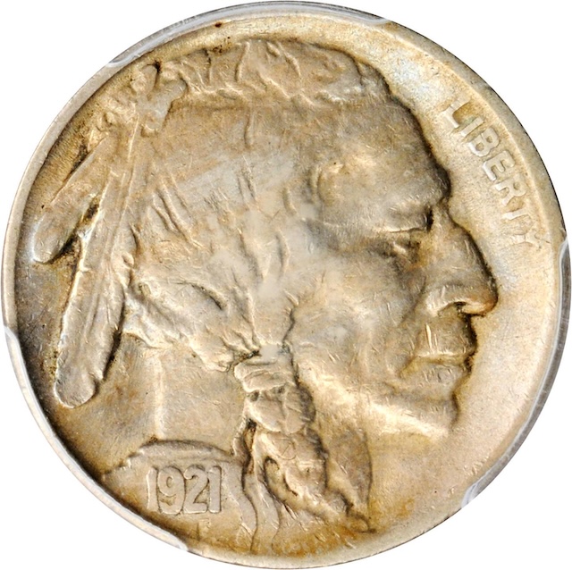 1921 Buffalo Nickel Two Feathers FS-401 error — close-up of headdress showing only two feathers with missing innermost feather