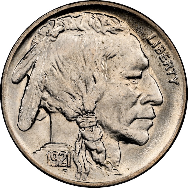1921 Buffalo Nickel Doubled Die Obverse error — extreme close-up showing doubling at the Native American's eyebrow and nostrils