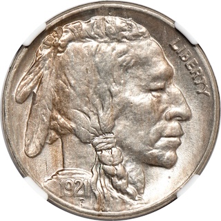 1921 Buffalo Nickel lamination error showing metal flaking and peeling on the coin surface due to planchet impurity