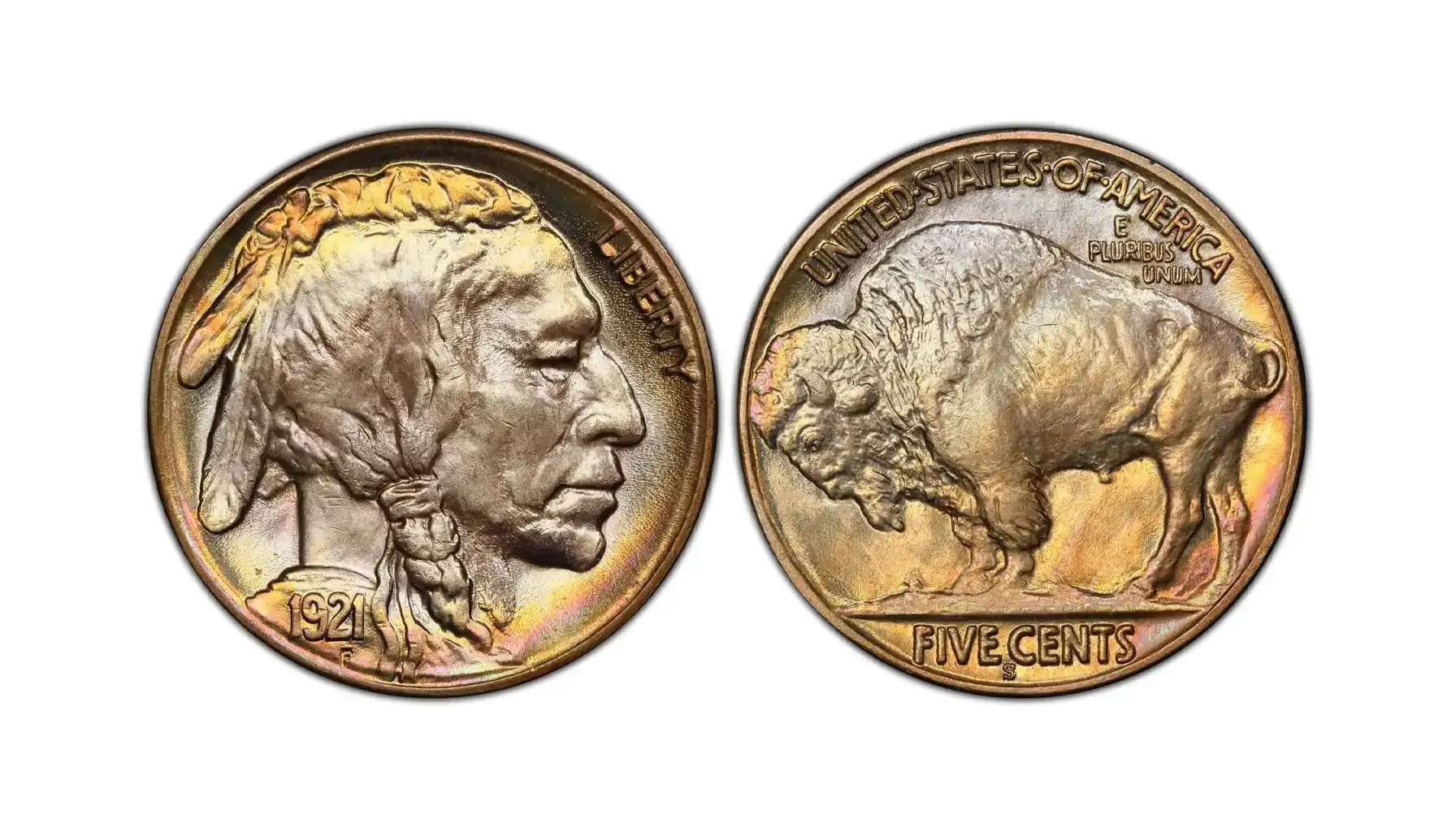 Grading strip showing four 1921 Buffalo Nickels from worn Good condition to Gem Mint State condition side by side